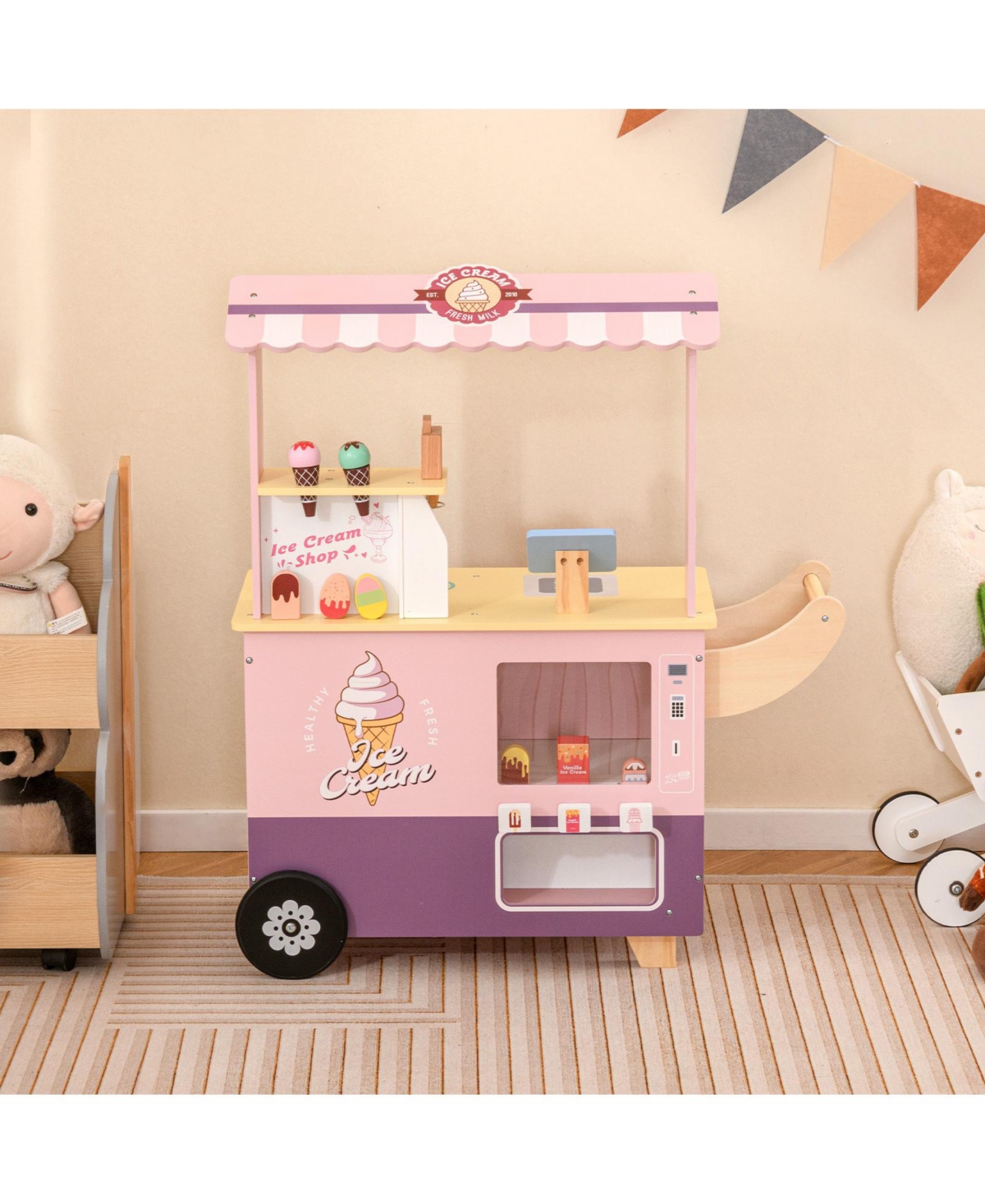 Skonyon Wooden Ice Cream Cart Playset with Vending Machine & Accessories