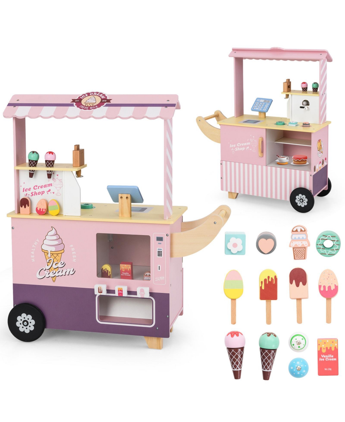 Skonyon Wooden Ice Cream Cart Playset with Vending Machine & Accessories