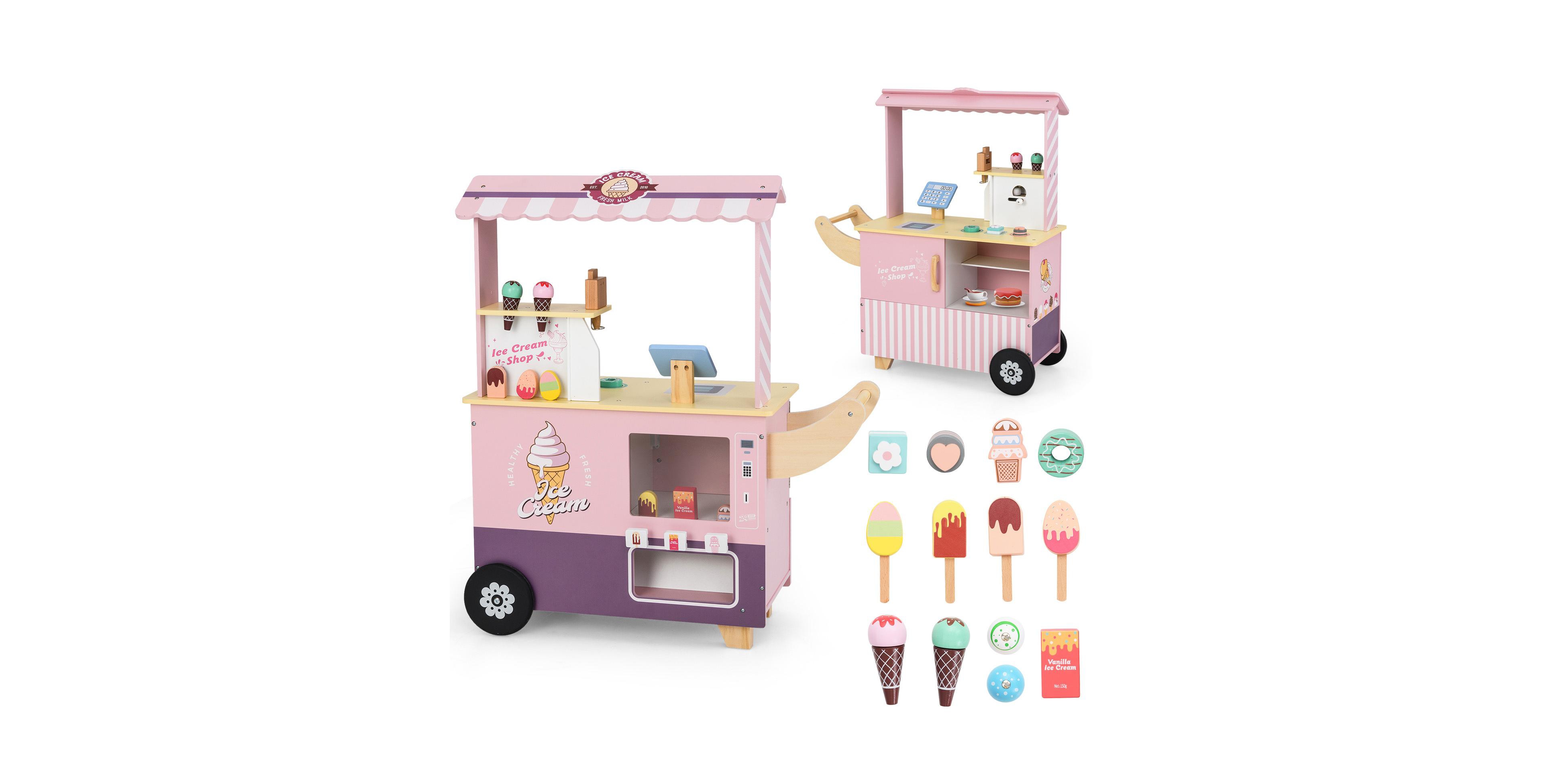 Skonyon Wooden Ice Cream Cart Playset with Vending Machine & Accessories