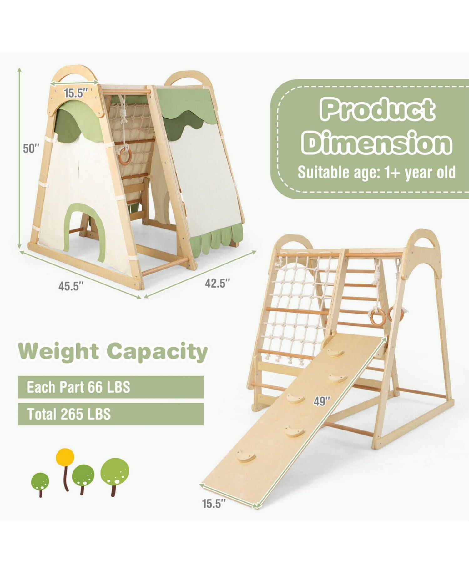 6-in-1 Wooden Kids Jungle Gym Playset with Reversible Slide and Removable Tent