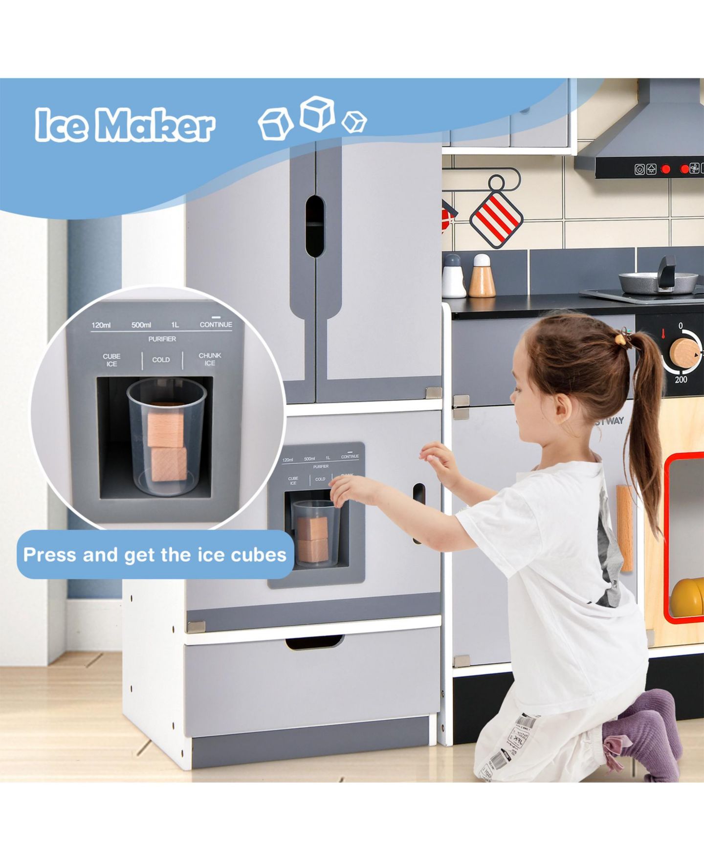 Детские игрушки SUGIFT 2-in-1 Wooden Play Kitchen and Refrigerator with Light and Sound Effects, 14-Piece Accessory Set, Ages 3+, цвет: Серый — фото 5