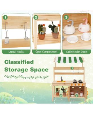 Mud Kitchen Fir Wood Play Kitchen with Canopy and Sink and 4 Stoves-Natural