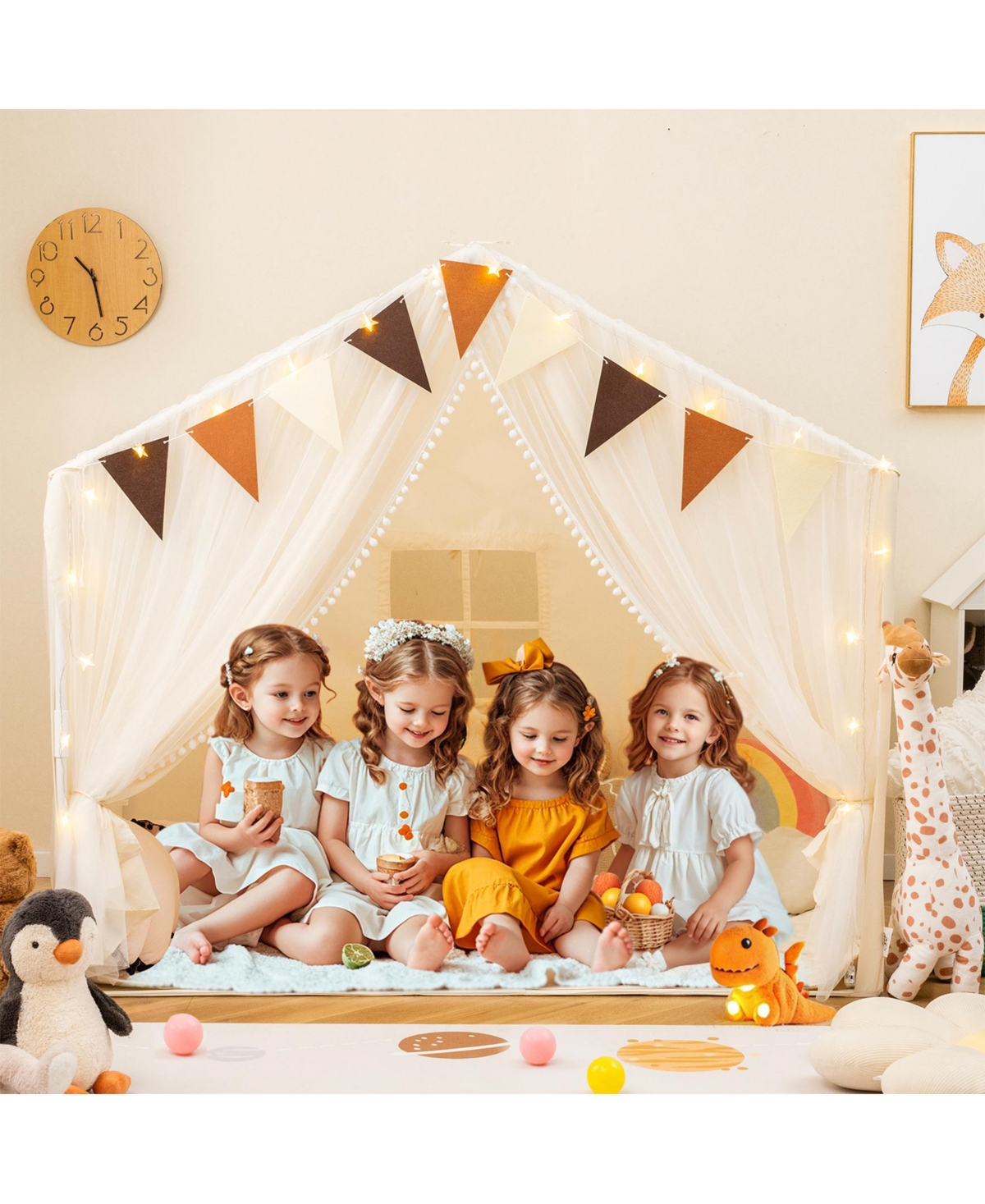 Sugift Large Toddler Playhouse Tent with Door Curtains Windows-Beige