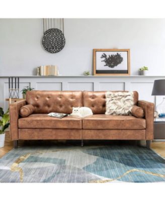 Faux Leather Sofa, 84.2-Inch Mid Century Modern 3-Seater Couch with 2 Bolster Pillows