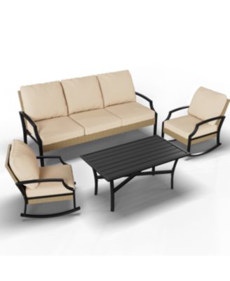 Outdoor Patio Furniture Set with Rocking Chair, 4 Piece Rattan Conversation Bistro Set with Coffee Table