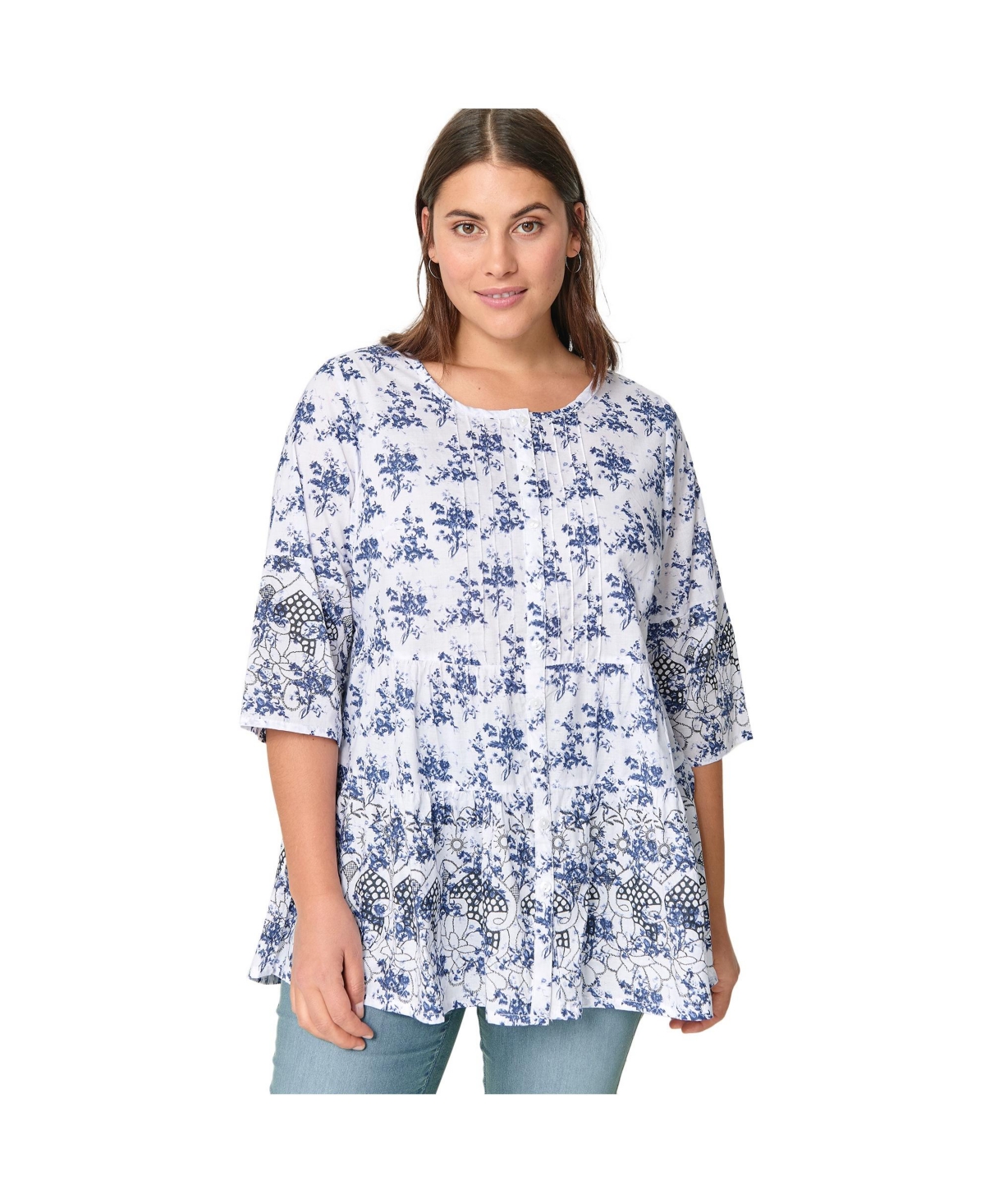 ellos Women's Tiered Floral 3/4 Sleeve Tunic