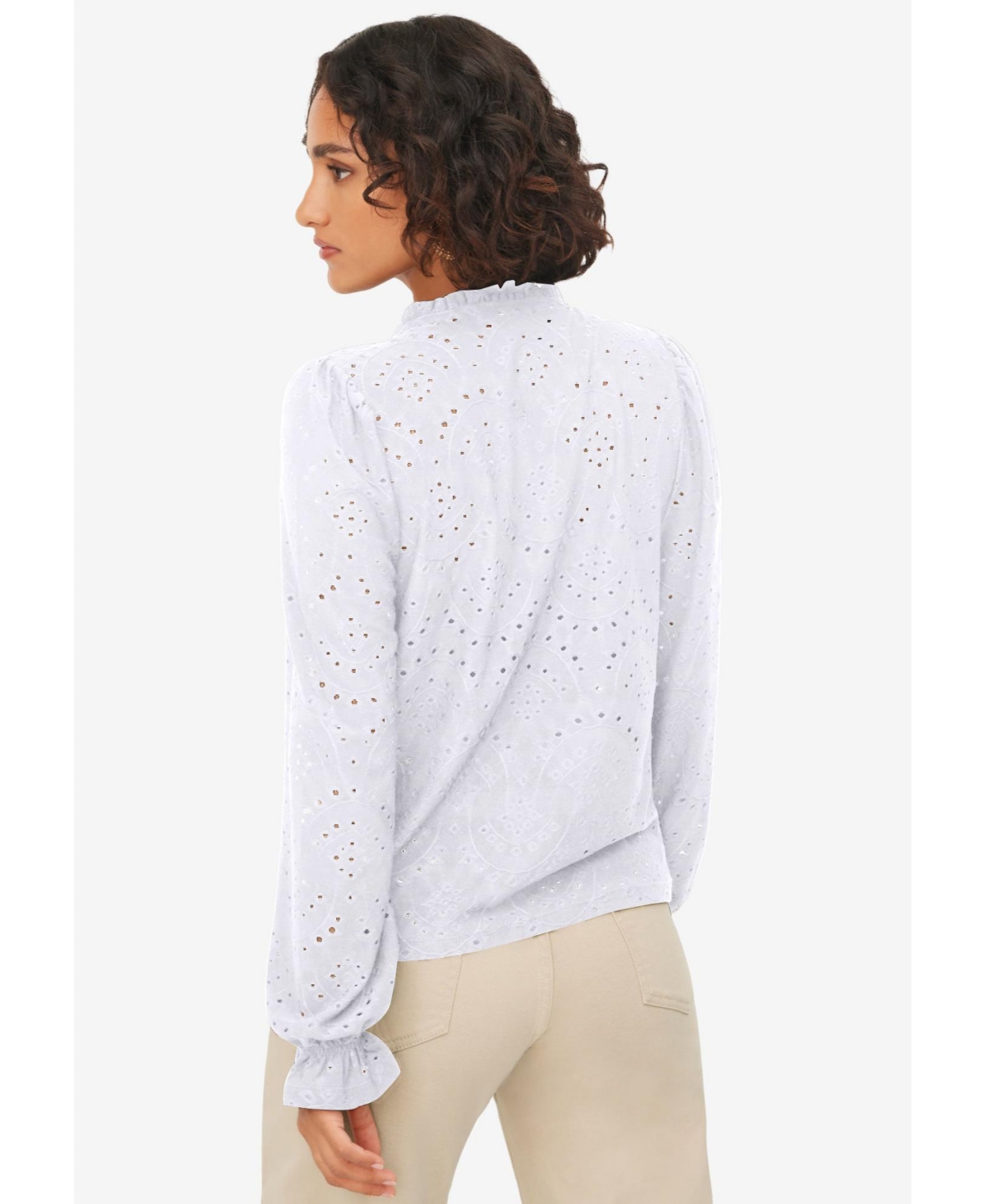 ellos Women's Long Sleeve Knit Eyelet Top With Keyhole Neckline