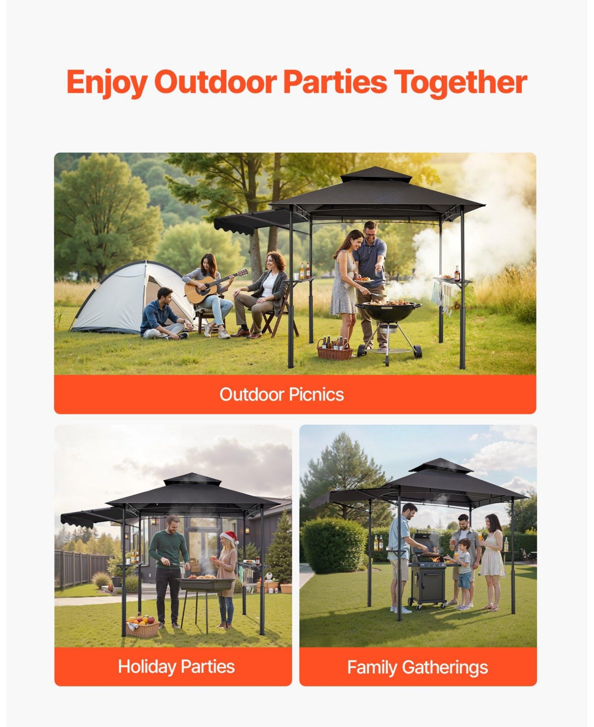 Slickblue Reinforced 8'x5' Outdoor Grill Gazebo with Awning, Shelf, and Double-Tier Top
