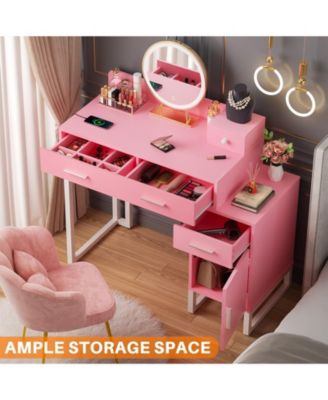 Makeup Vanity Desk with 4 Drawers and Cabinet, Dressing Table with Outlets for Small Space