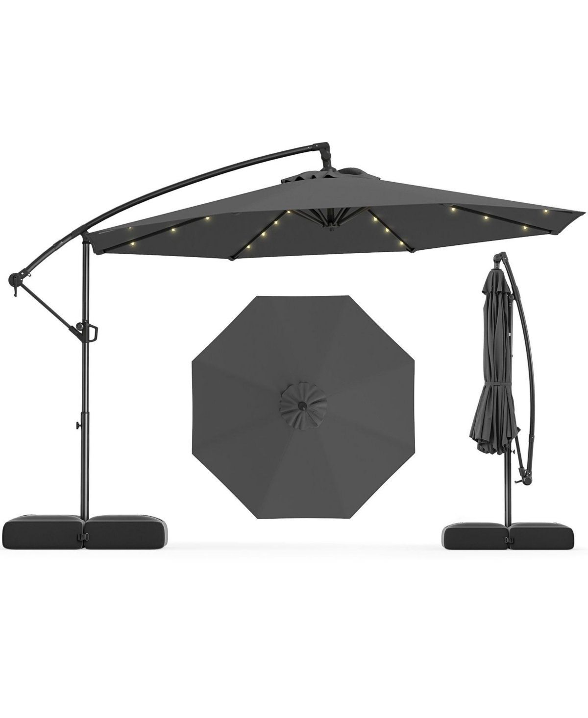 10 Feet Solar Offset Hanging Umbrella with Base and 32 Led Lights For Patio