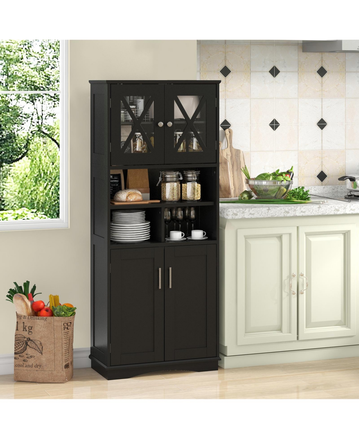 Tall Floor-Standing Bathroom Cabinet with 3 Cubes and Clear Acrylic Doors