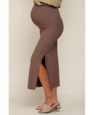 Maternity Mocha Ribbed Side Slit Midi Skirt