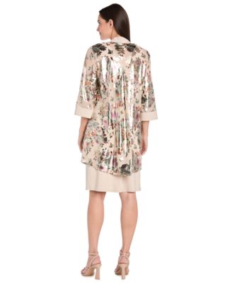 Women's 2-Piece Foil Printed Fingertip Jacket Dress with Solid Tank and Detachable Necklace