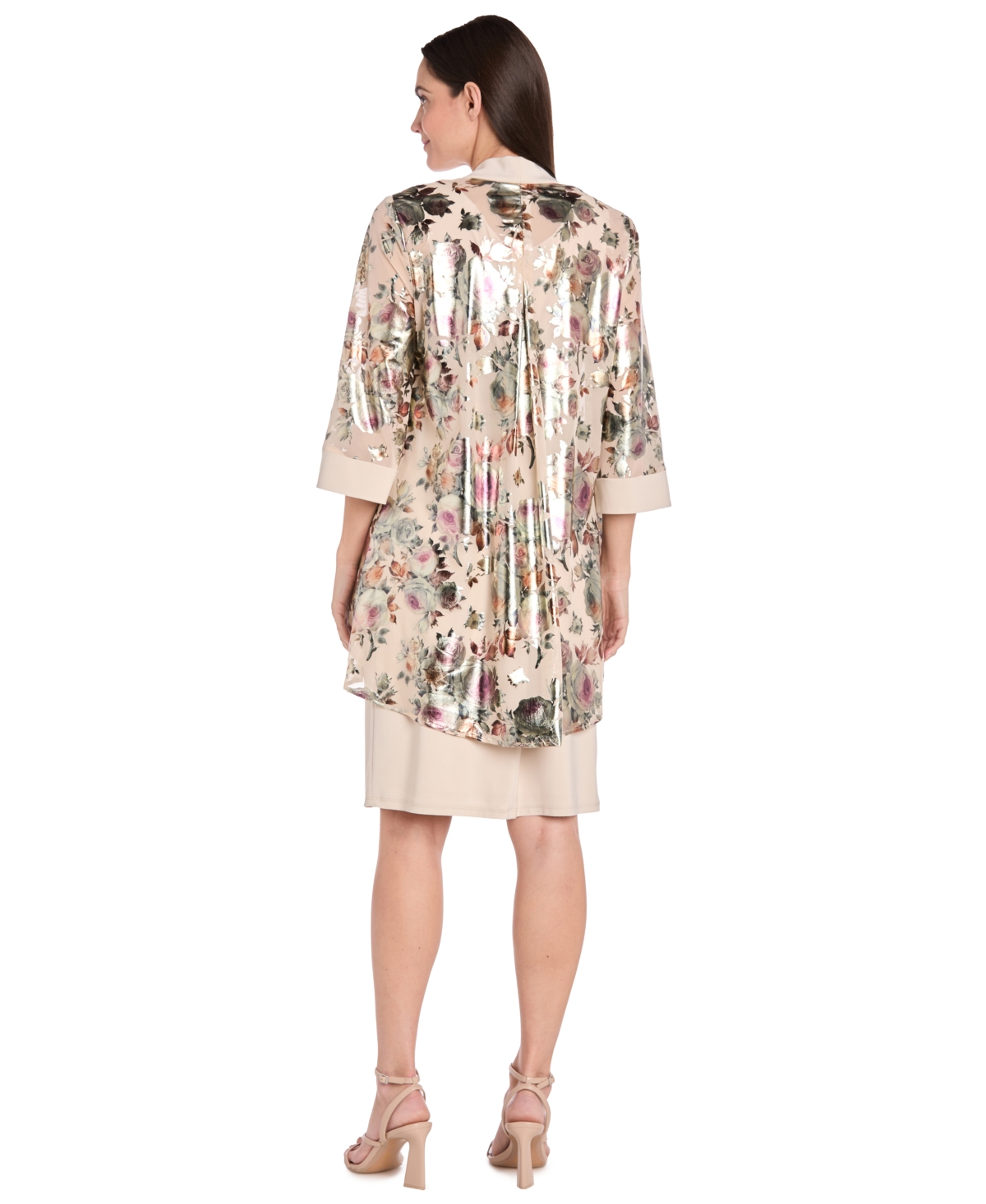 R & M Richards Women's 2-piece Foil Printed Fingertip Jacket Dress With Solid Tank And Detachable Necklace In Neutral