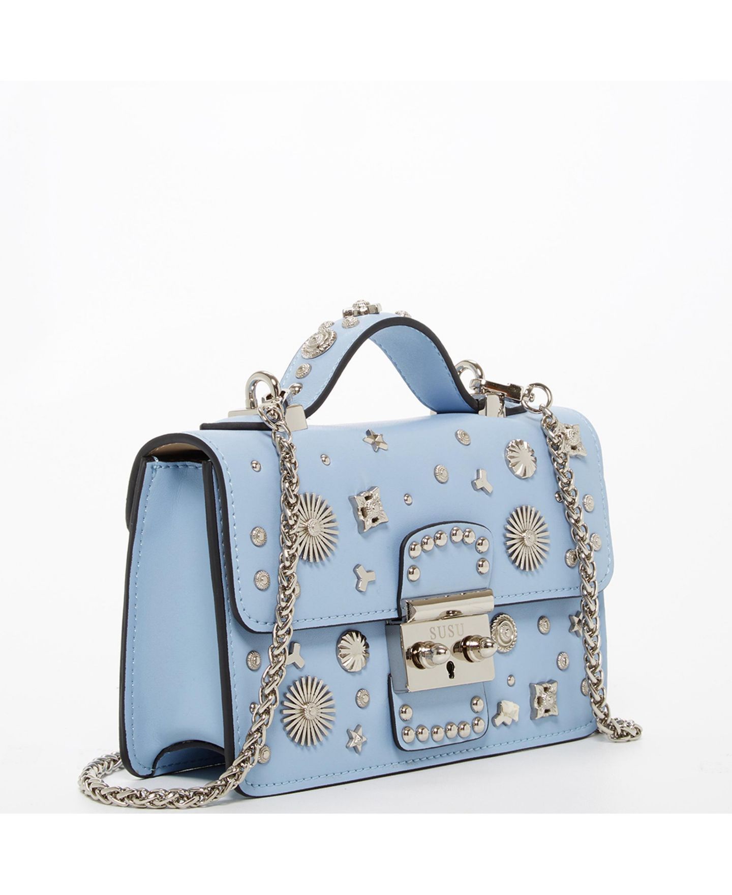 Женская сумка SUSU Small Leather Crossbody Bag Studded Purse Top Handle Structured Handbag, цвет: Синий / Пудрово-голубой — фото 2