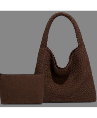 Brown and Espresso Suede Woven Hobo Bag Large Slouchy Shoulder Tote Handbag for Women Soft Braided Texture Work Purse