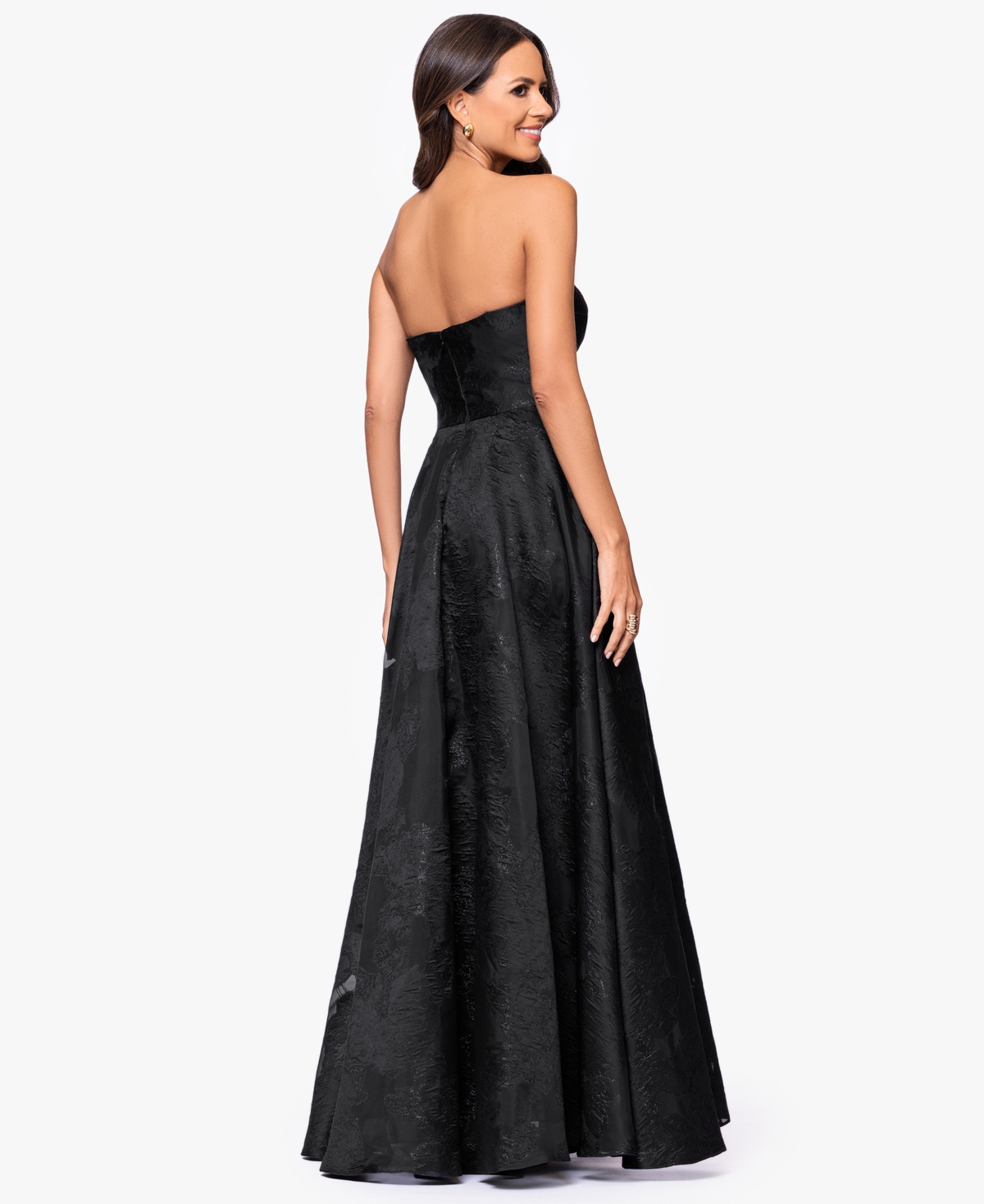 Betsy & Adam "ellie" Organza Brocade Strapless Floor Length Gown In Black