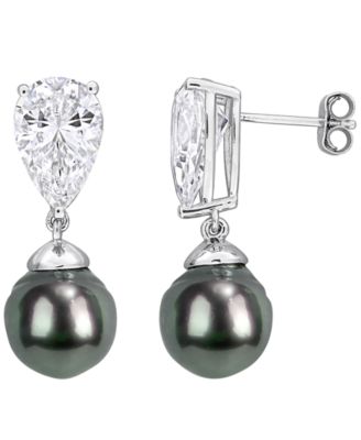 Cultured Tahitian Pearl (10-10.5mm) and White Sapphire (10-3/4 ct. t.w.) Drop Earrings in Sterling Silver