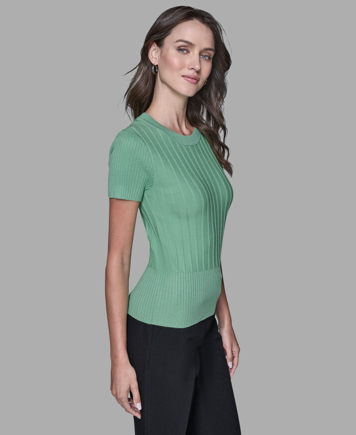 Karl Lagerfeld Women's Ribbed Short-sleeve Sweater In Green