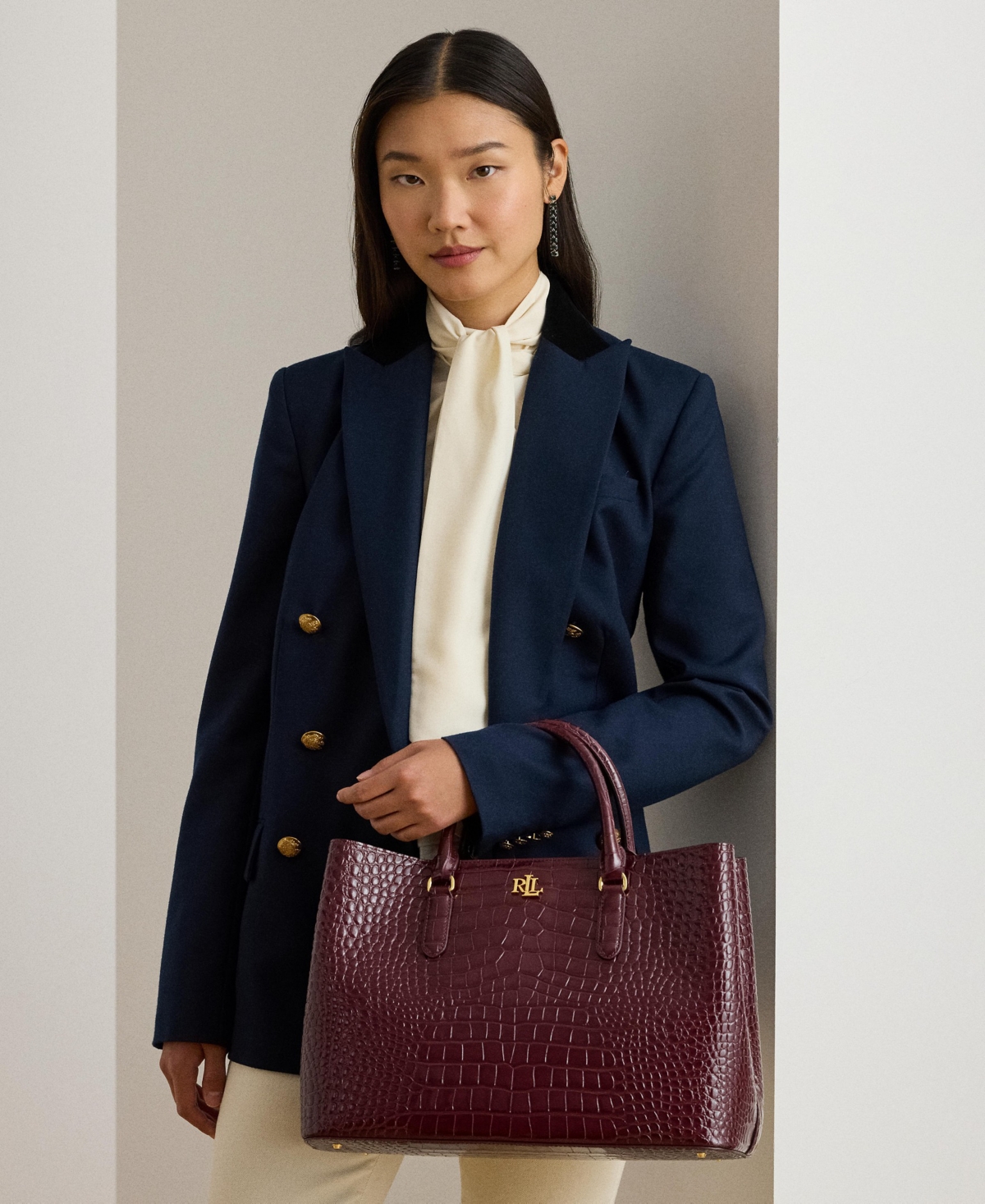 Ralph Lauren Marcy Large Embossed Leather Satchel Bag In Burgundy