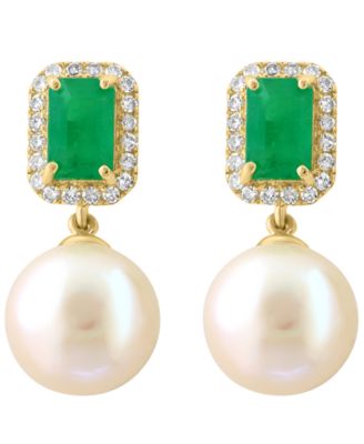 Freshwater Pearl (9mm), Diamond (1/5 ct. t.w.) and Emerald (1-1/10 ct. t.w.) Earring in 14k Yellow Gold