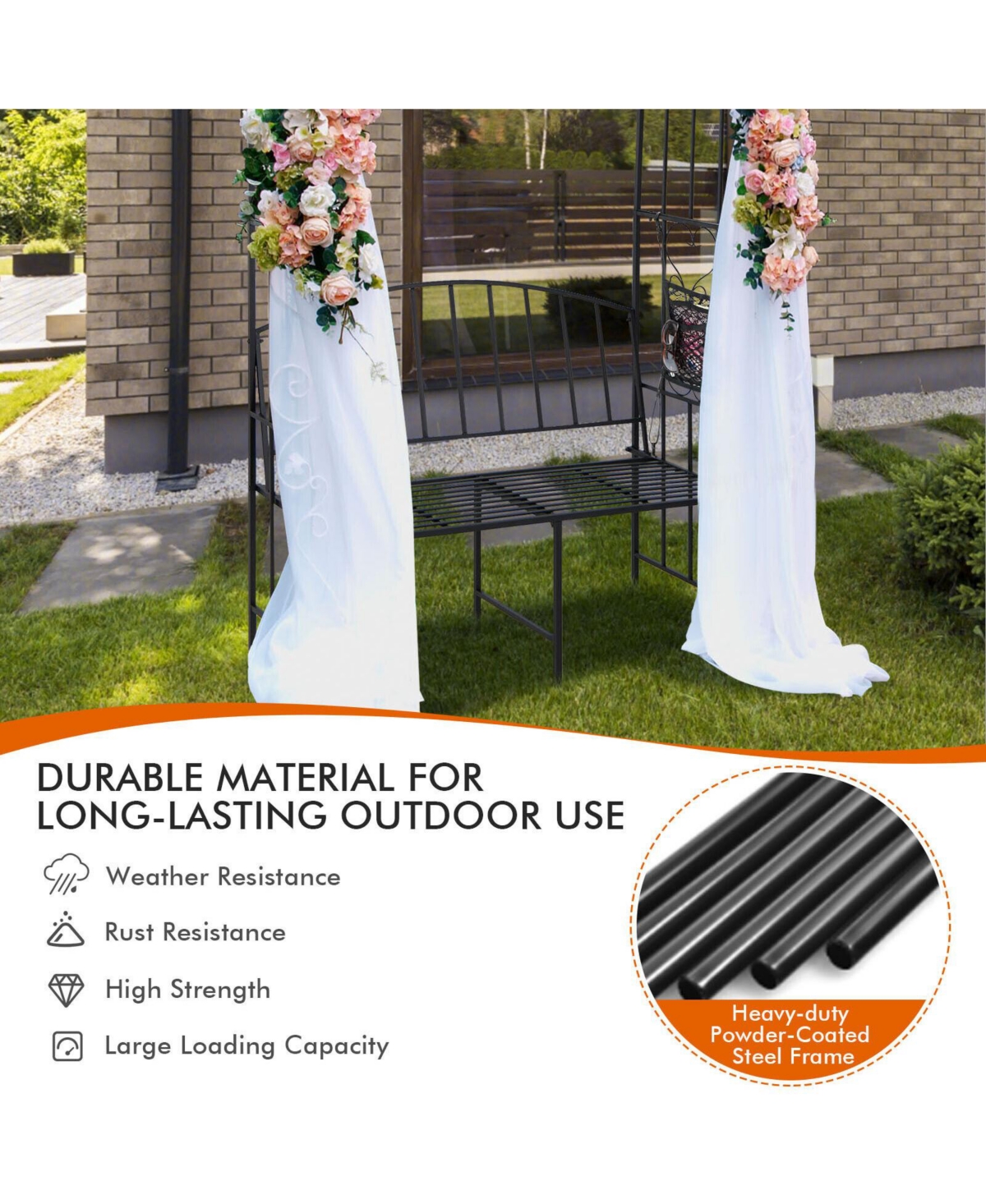 Steel Garden Arch with 2-Seat Bench