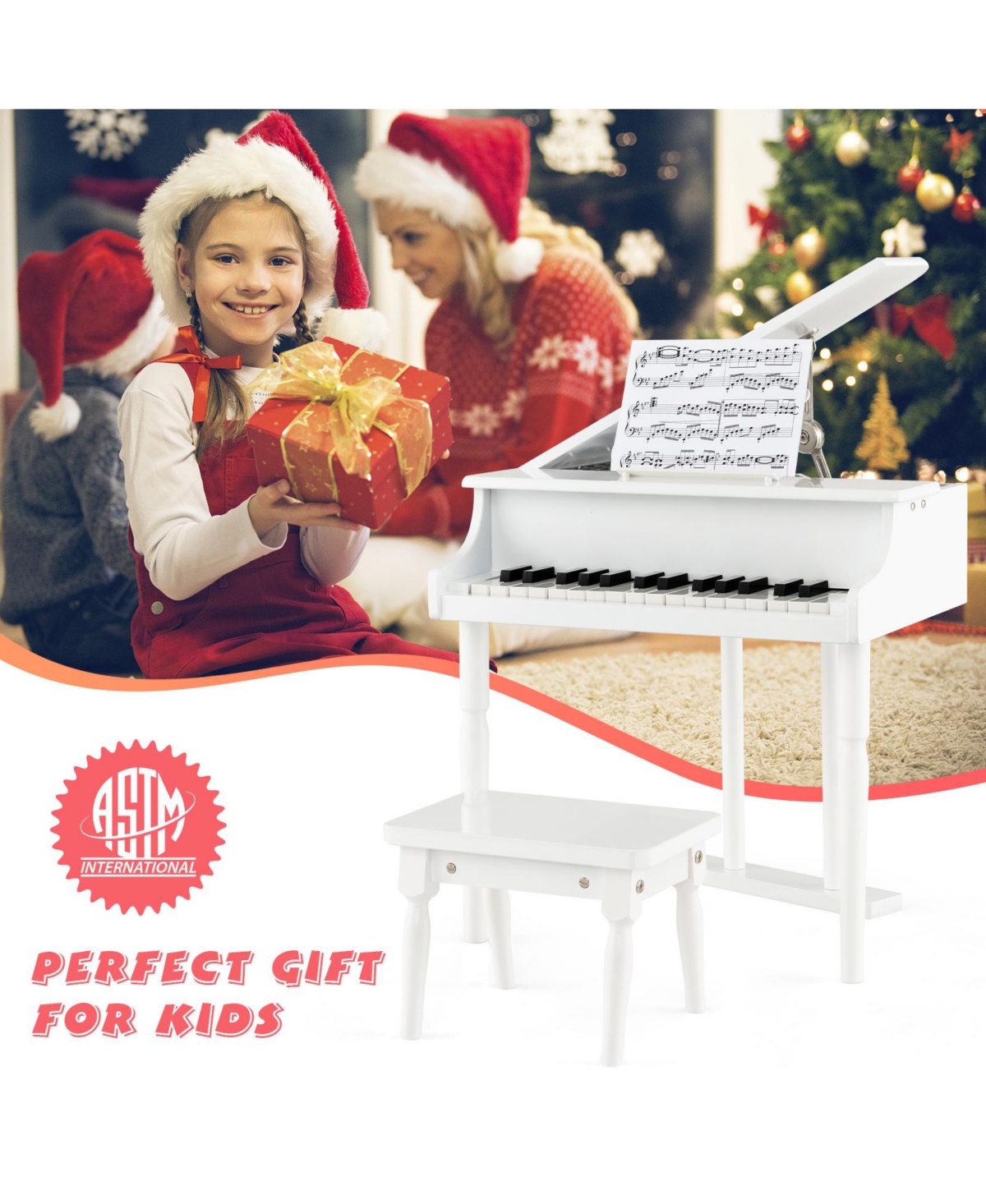 Sugift 30-Key Kids Piano Keyboard Toy With Bench Piano Lid And Music Rack.