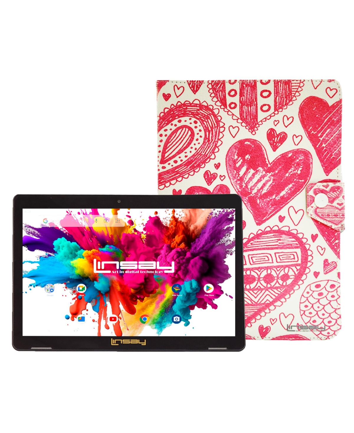 Linsay New 10.1" Tablet Octa Core 128GB Bundle with "Love" Protective Portfolio Case Newest Android 13 Dual Camera