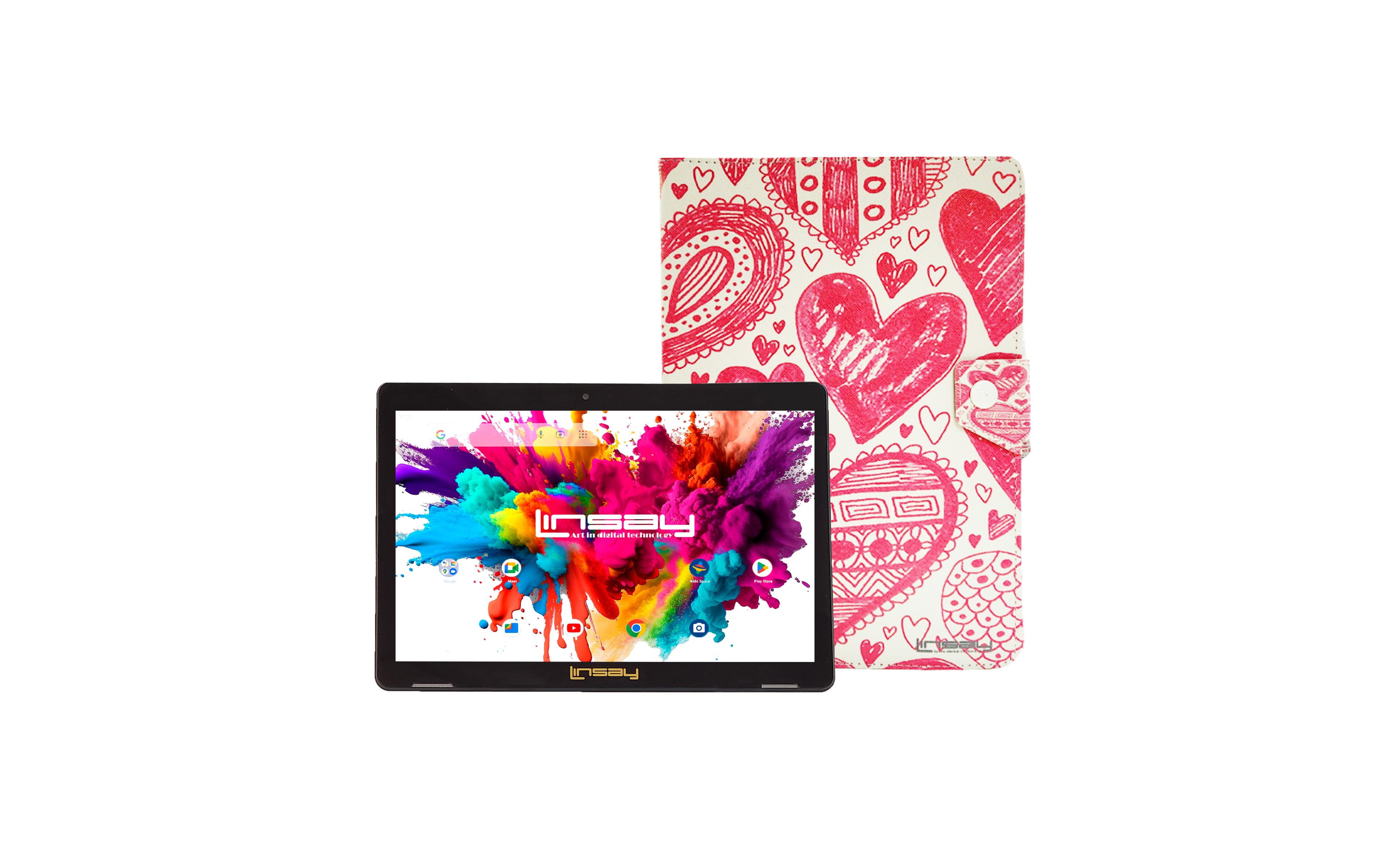 Linsay New 10.1" Tablet Octa Core 128GB Bundle with "Love" Protective Portfolio Case Newest Android 13 Dual Camera
