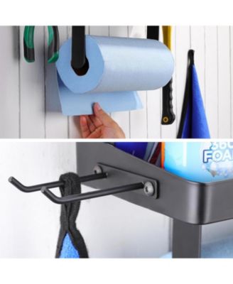 15"L × 5.5"W Garage Paper Towel Holder with Shelf - Wall Mount Paper Towel Holder with 4 Hooks, Single-Hand Tear Paper Towel Tissue Holder