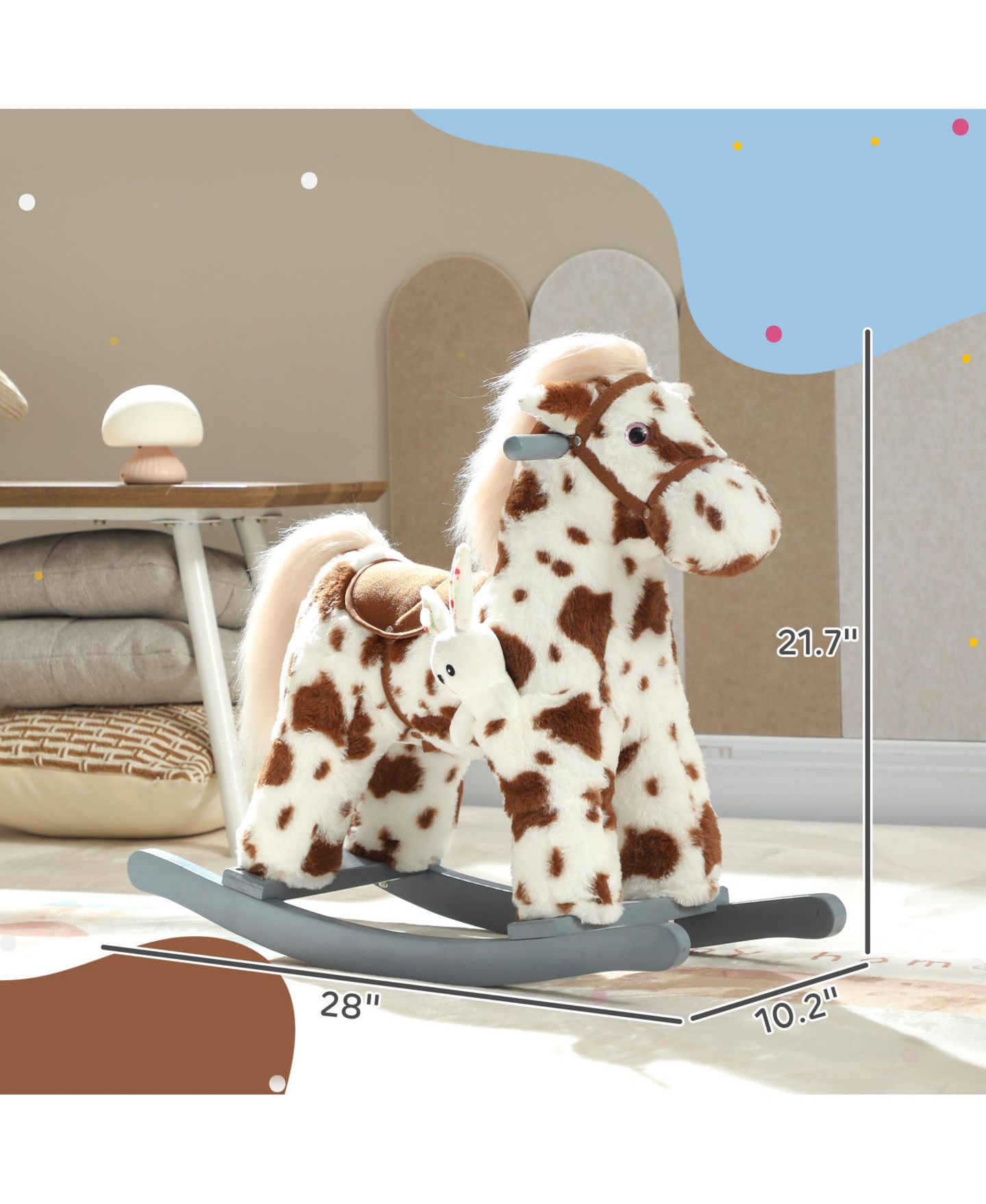Детская игрушка Qaba Rocking Horse with Interactive Sounds & Rabbit Toy, 28" L, 88 lbs. Capacity, от 1 года, цвет: Коричневый — фото 3