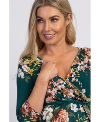Maternity Green Rose Print Sash Tie Maxi Dress