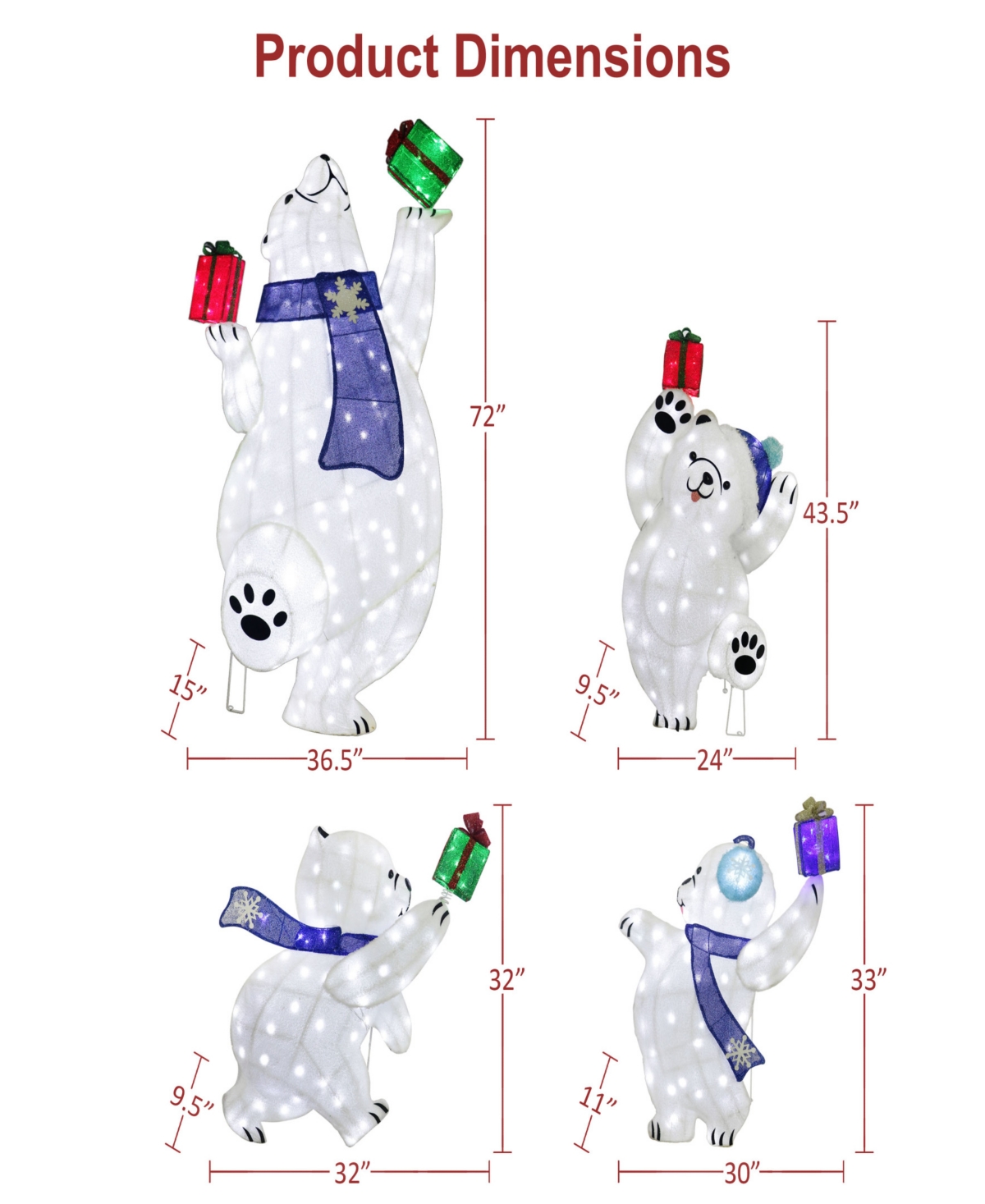 Puleo International Pre-Lit Bear Family Christmas Holiday Decor, Set of 4