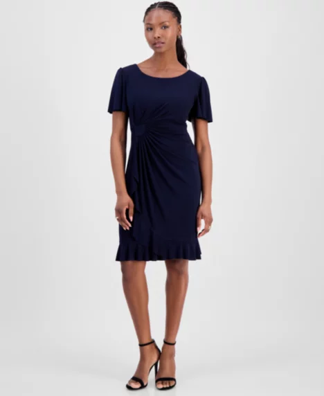 Petite Side-Gathered Flutter-Sleeve Dress - Navy
