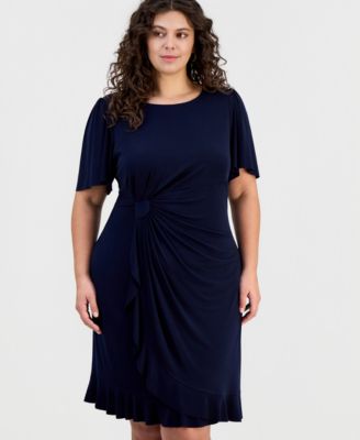 Plus Size Round-Neck Drape-Front Flutter-Sleeve Dress