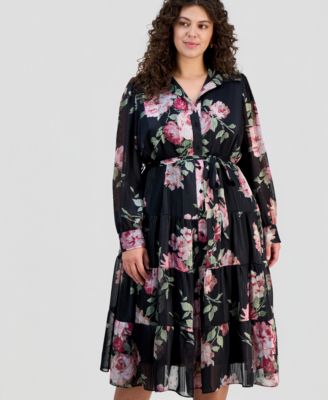 Plus Size Floral Jacquard Button-Front Shirtdress