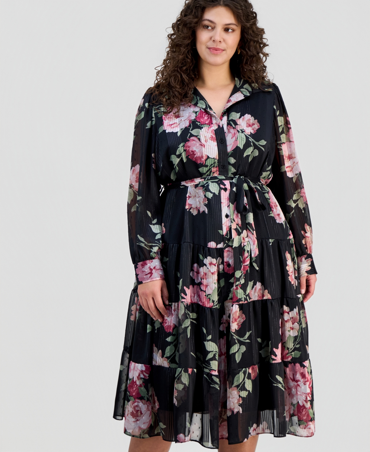 Robbie Bee Plus Floral Jacquard Button-Front Shirtdress