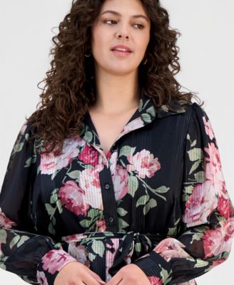 Plus Size Floral Jacquard Button-Front Shirtdress