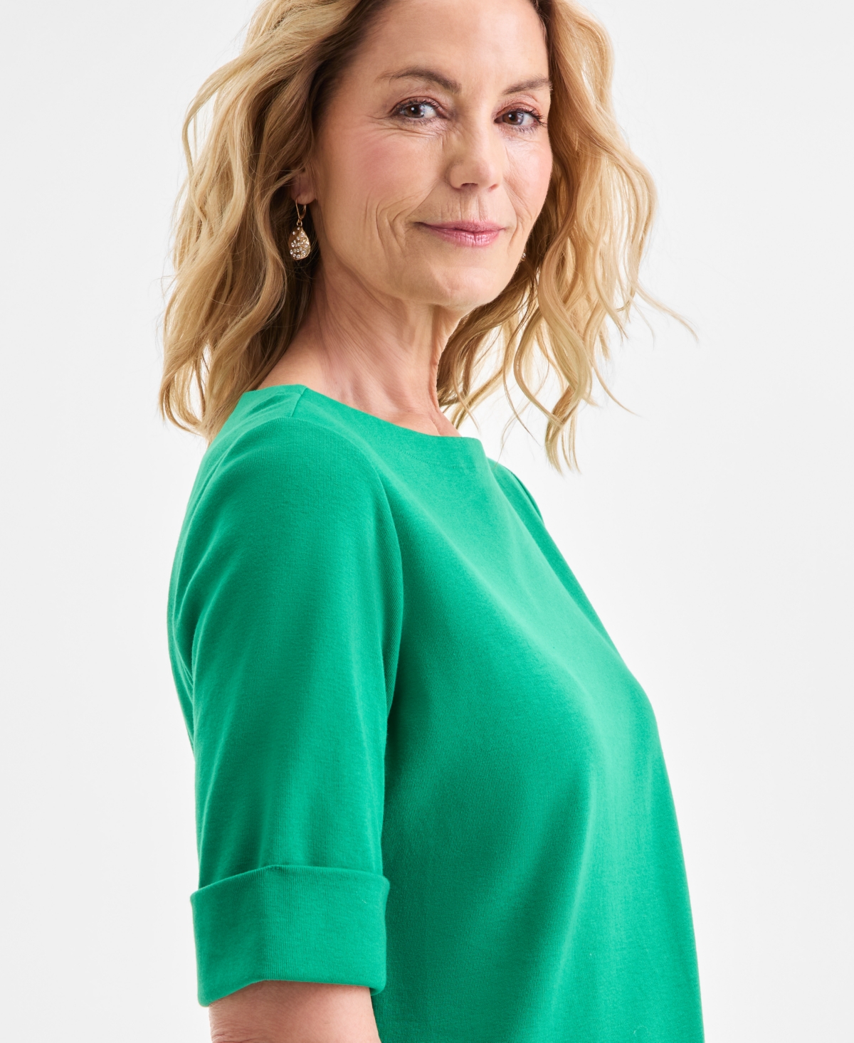 Style & Co Women's Boat-neck Elbow Sleeve Cotton Top, Exclusively At Macy's In Green