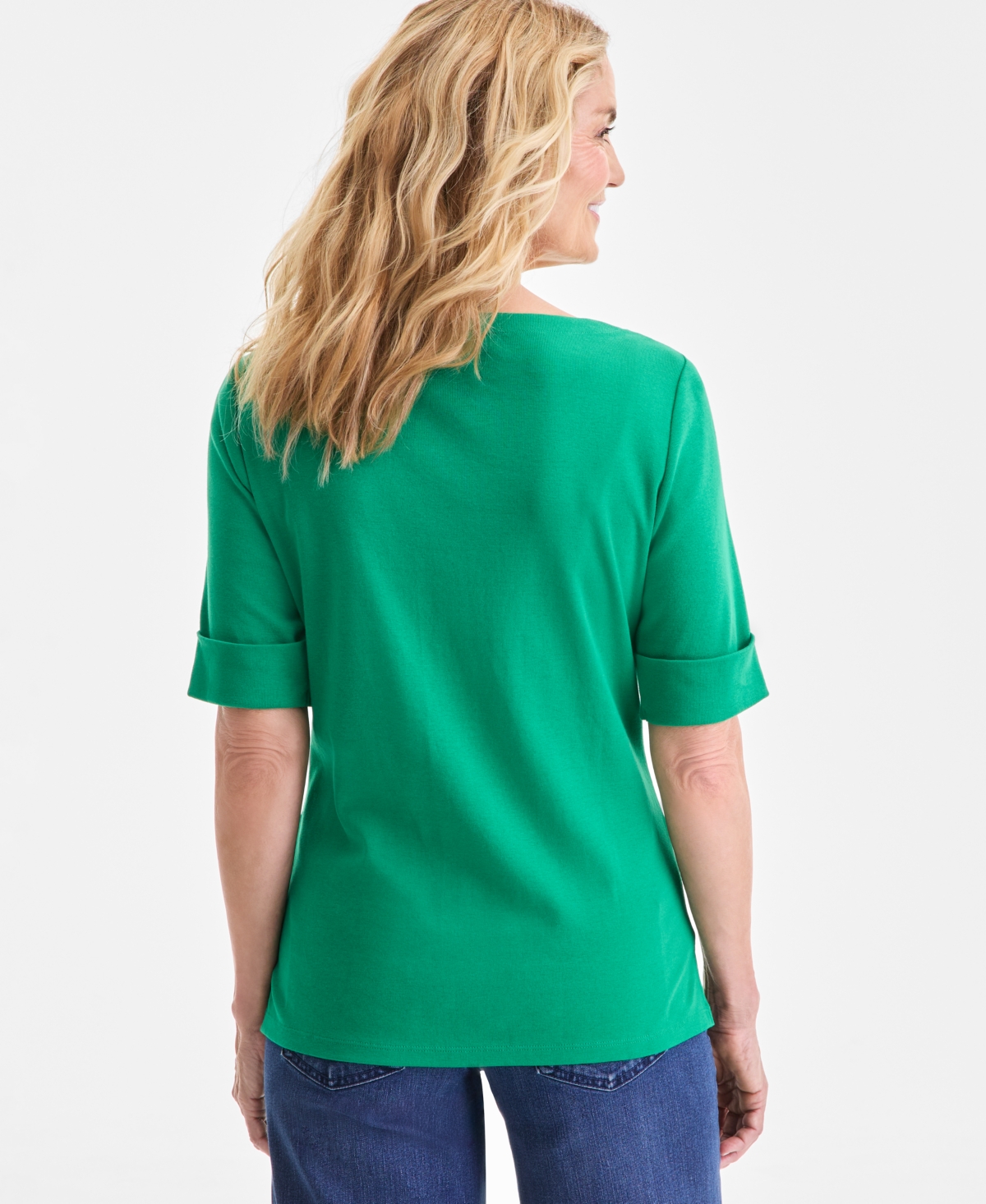 Style & Co Women's Boat-neck Elbow Sleeve Cotton Top, Exclusively At Macy's In Green
