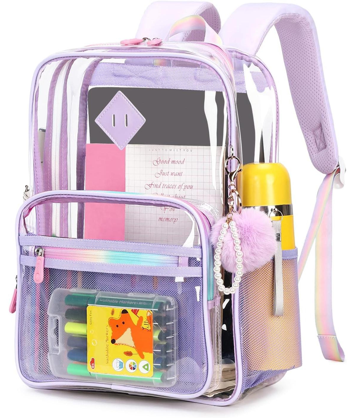 Clear Backpack Heavy Duty Transparent Backpack for School Clear Bags with Wider Straps See Through Plastic Bags Sport Events Concert Stadium-Purple