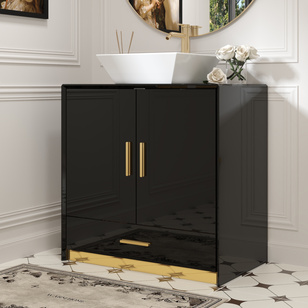 Homsee Bathroom Vanity with Marble Top, Bathroom Cabinet with 2 Doors & Drawer