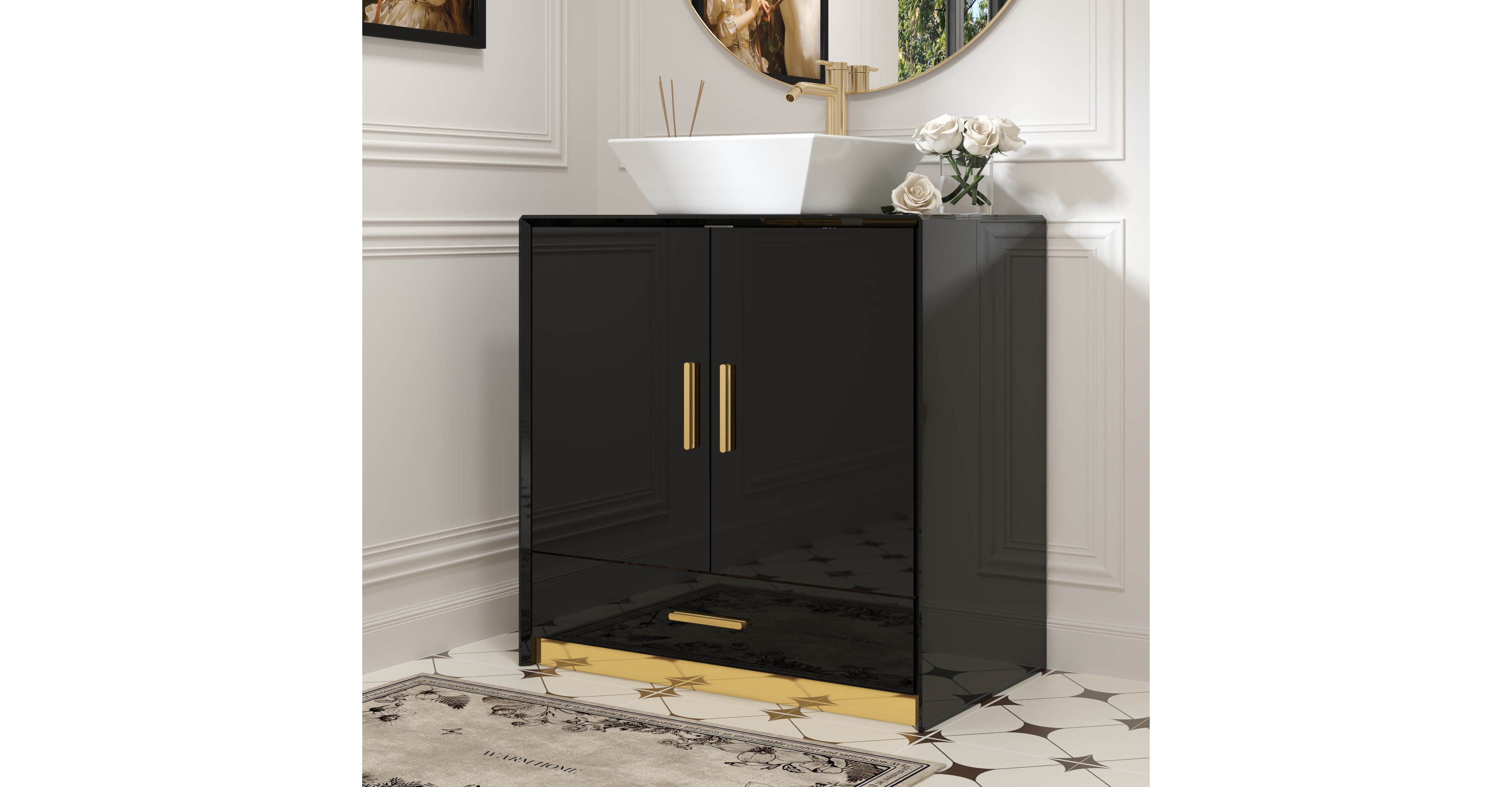 Bathroom Vanity with Marble Top, Bathroom Cabinet with 2 Doors and Drawer
