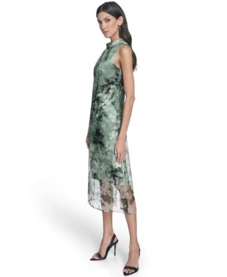 Women's Printed Organza Overlay Mock Neck Midi Dress