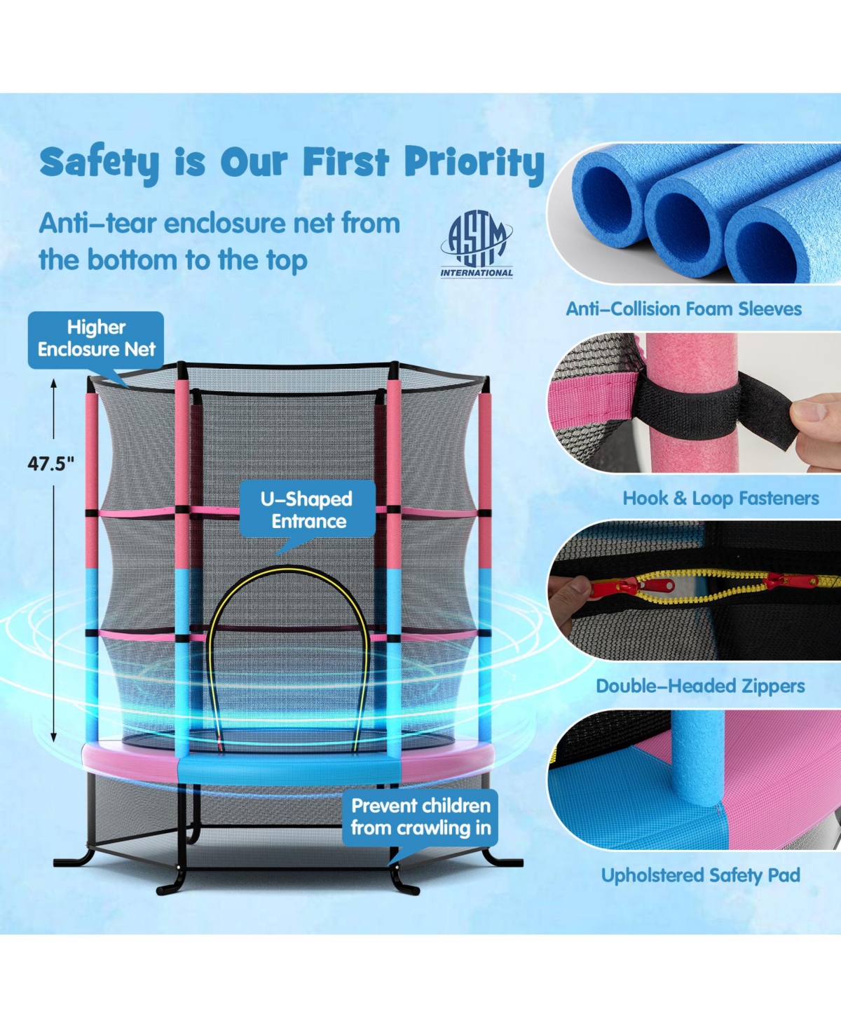 55 Inch Kids Recreational Trampoline Bouncing Jumping Mat with Enclosure Net