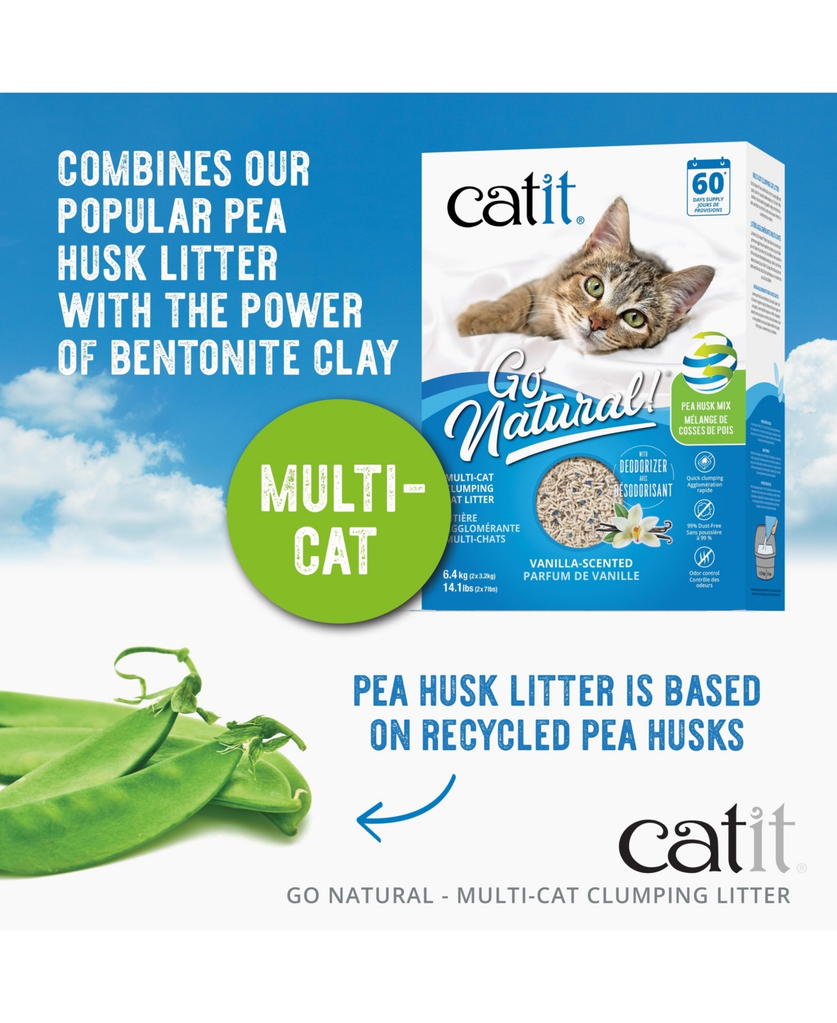 Catit Go Natural! Pea Husk Mix Multi-Cat Clumping Cat Litter, Vanilla, 6.4kg