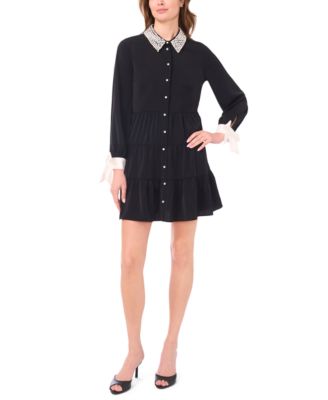 Women's Bow Collared Long-Sleeve Short Dress