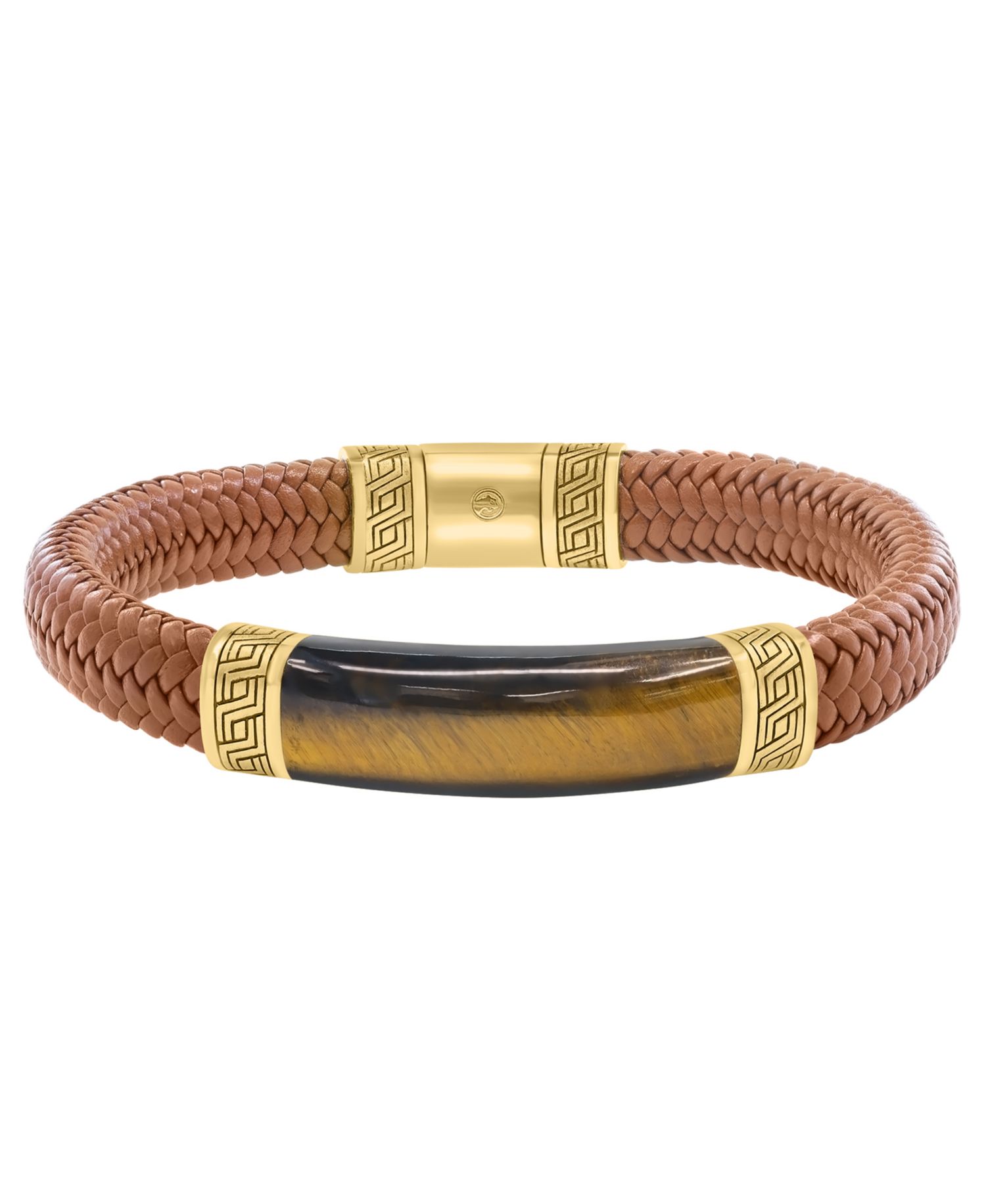Men's Tigers Eye (27-3/8 ct. t.w.) Bracelet in Brown Leather with 18k Gold