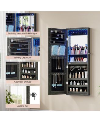 LED Lockable Jewelry Cabinet with Round Mirror & Storage Shelf