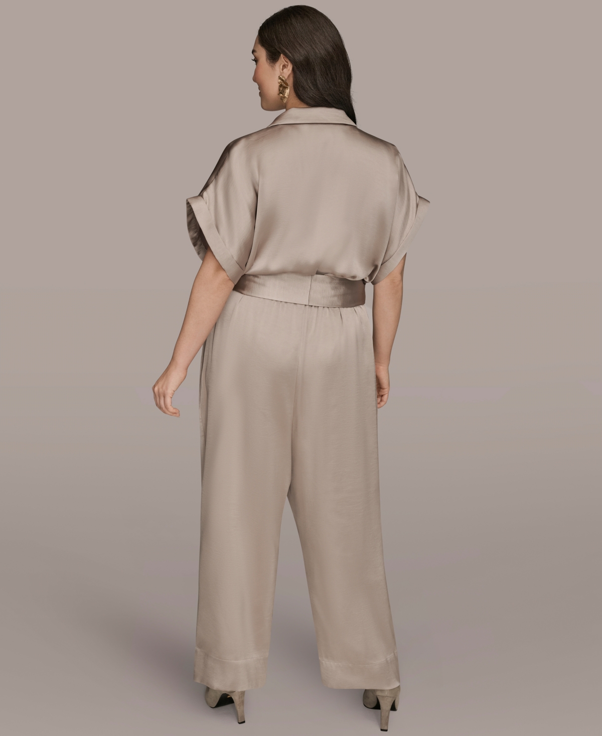 Donna Karan Plus Size Satin Collared Jumpsuit In Multi
